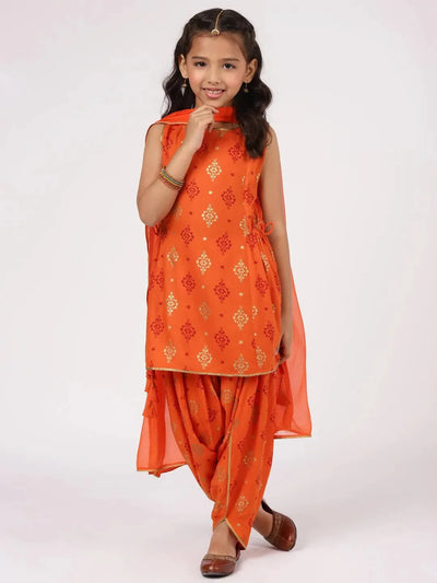 Orange Printed Rayon Straight Suit Set - Libas