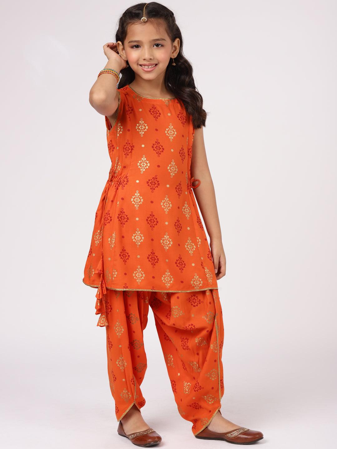 Orange Printed Rayon Straight Kurta With Salwar & Dupatta