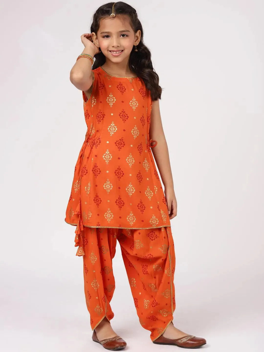 

Orange Printed Rayon Straight Kurta With Salwar & Dupatta