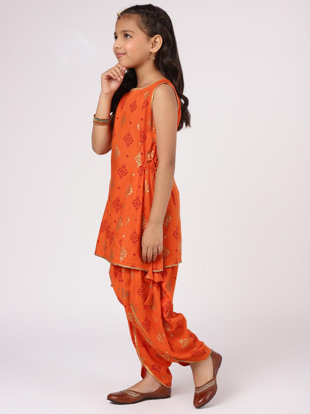 Orange Printed Rayon Straight Kurta With Salwar & Dupatta