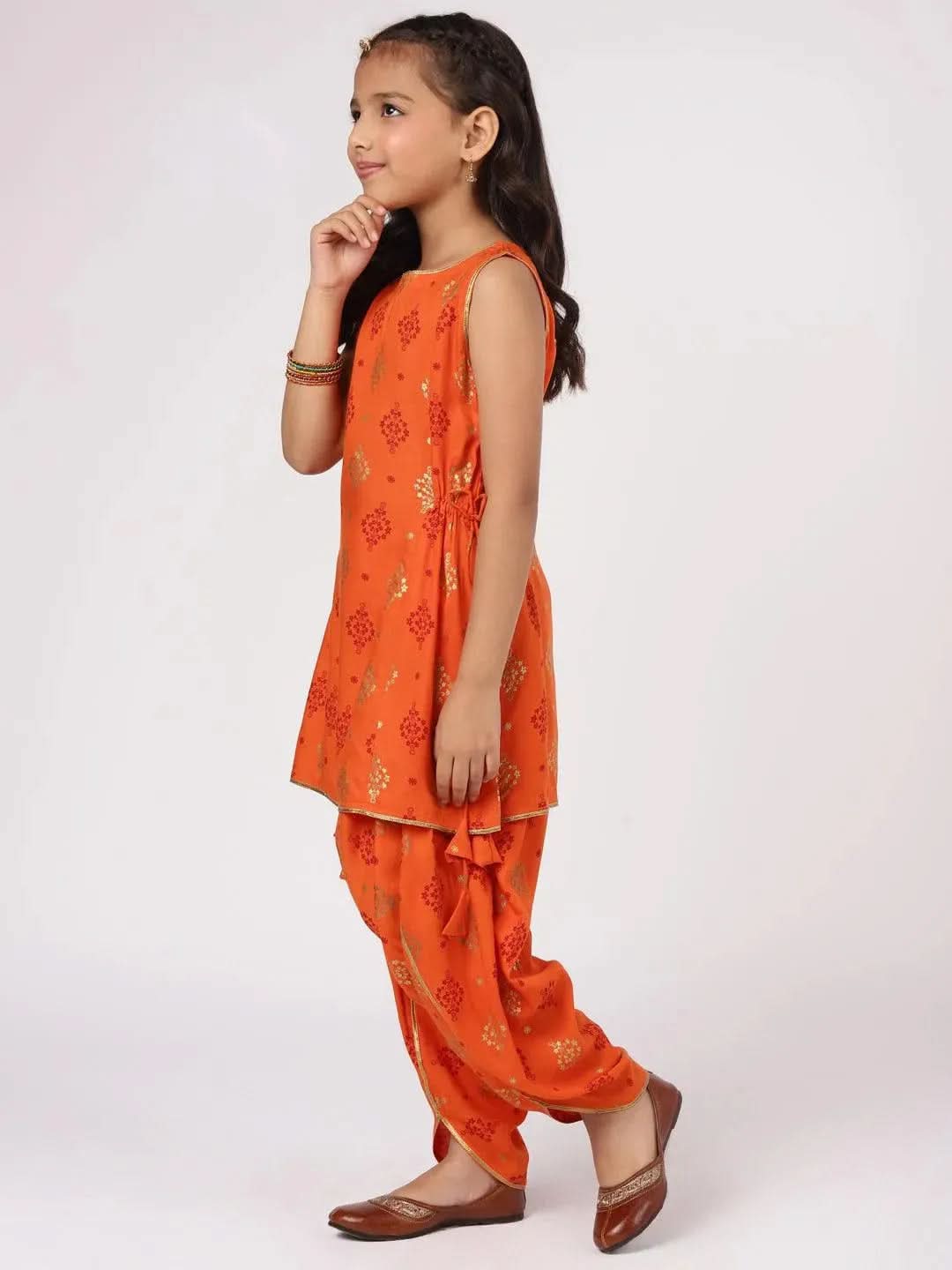 Orange Printed Rayon Straight Suit Set - Libas 