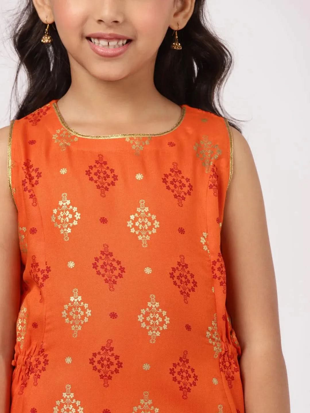 Orange Printed Rayon Straight Suit Set - Libas 