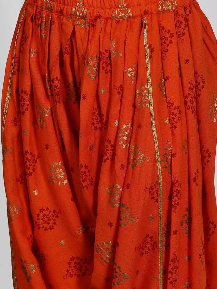 Orange Printed Rayon Straight Suit Set - Libas