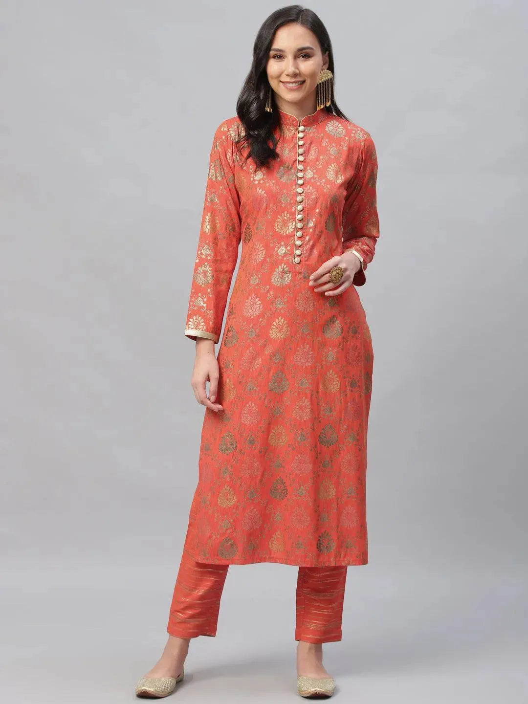 Orange Printed Rayon Kurta Set - Libas