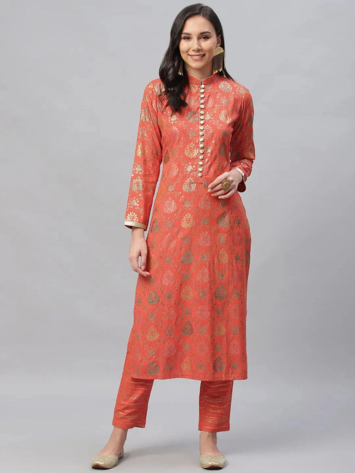 Orange Printed Rayon Kurta Set - Libas