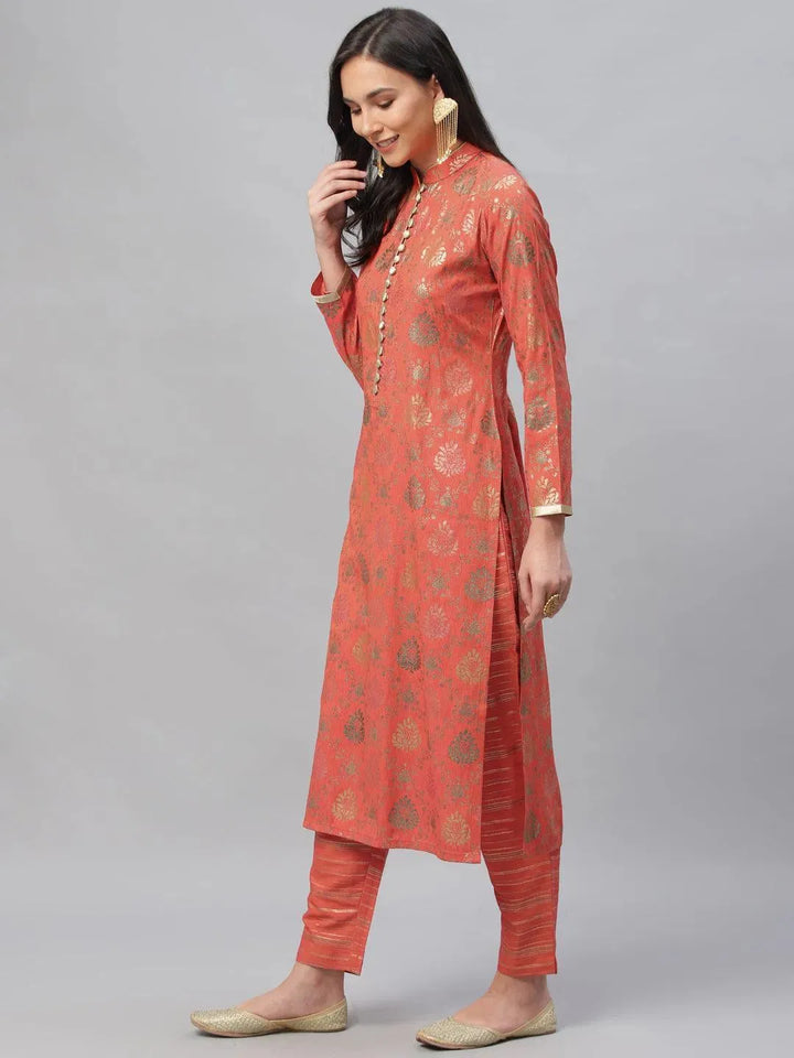 Orange Printed Rayon Kurta Set - Libas
