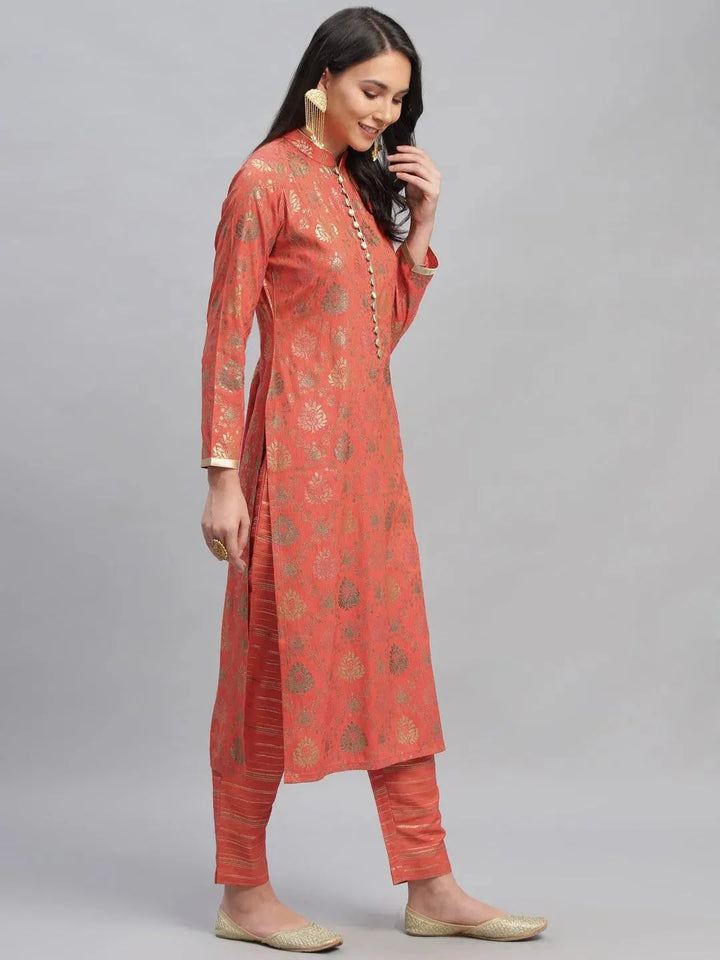 Orange Printed Rayon Kurta Set - Libas