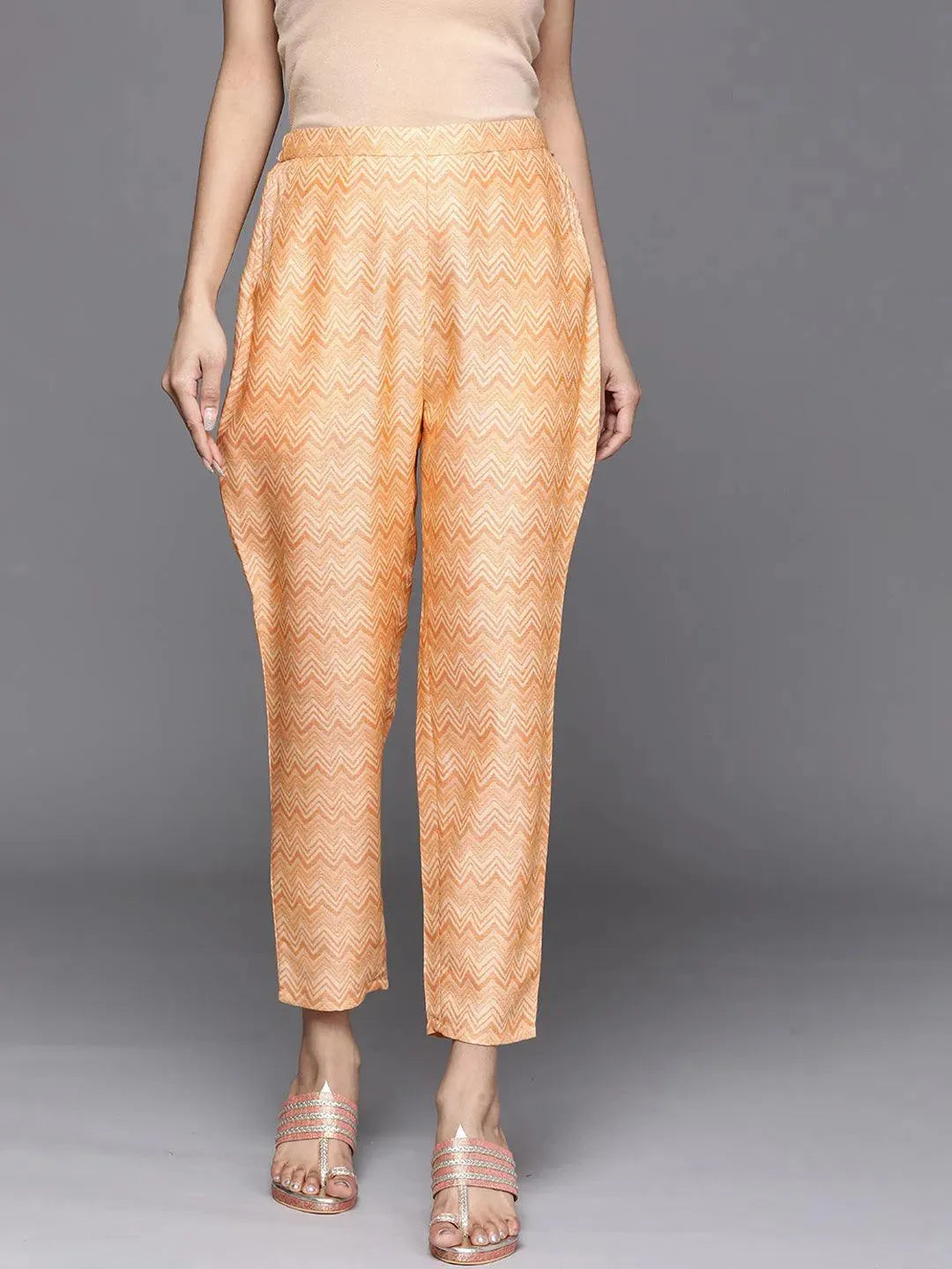 Orange Printed Rayon Trousers - Libas