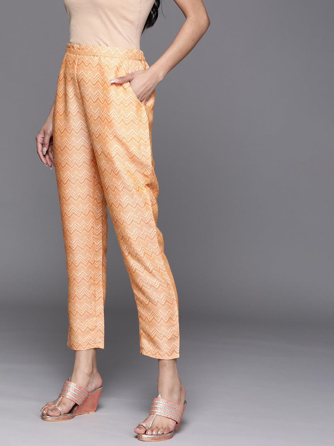 Orange Printed Rayon Trousers - Libas