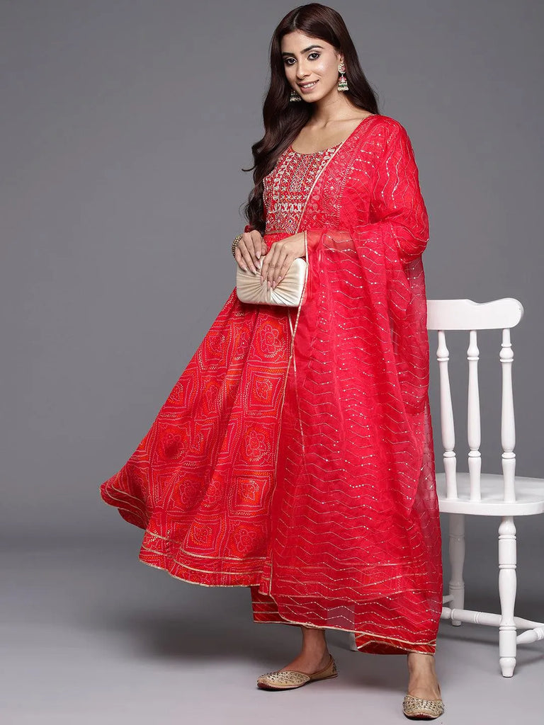 Libas Orange Printed Silk Blend Anarkali Suit With Dupatta