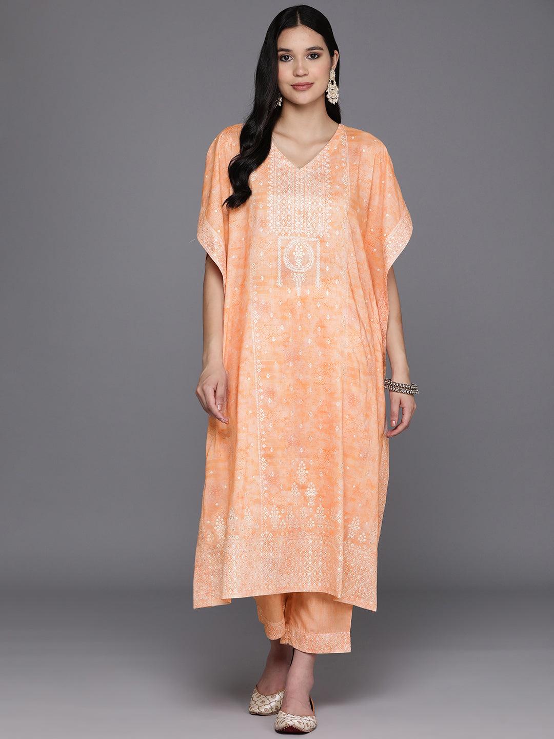 Orange Printed Silk Blend Kaftan Kaftan With Trousers