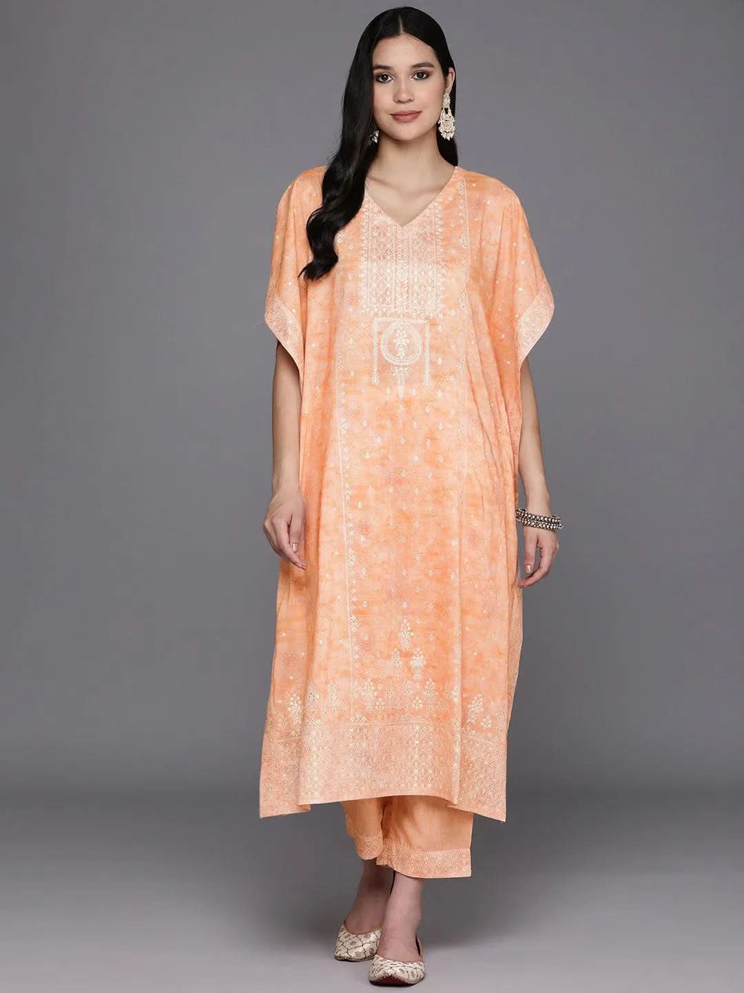 libas Orange Printed Silk Blend Kaftan With Trousers-picture-14