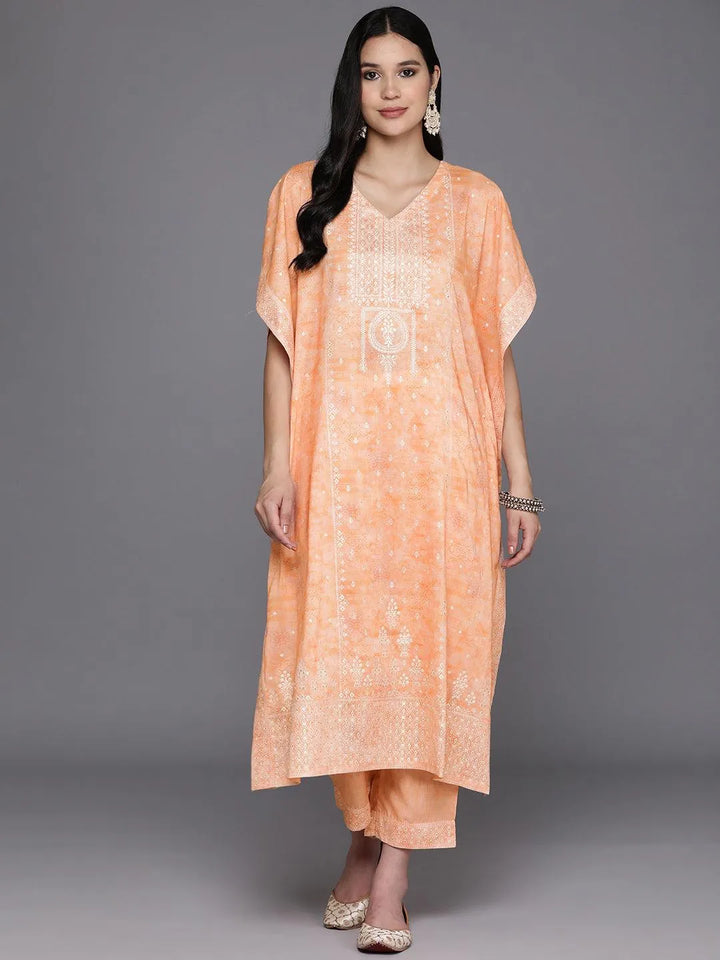 Orange Printed Silk Blend Kaftan Kurta Set With Trousers - Libas