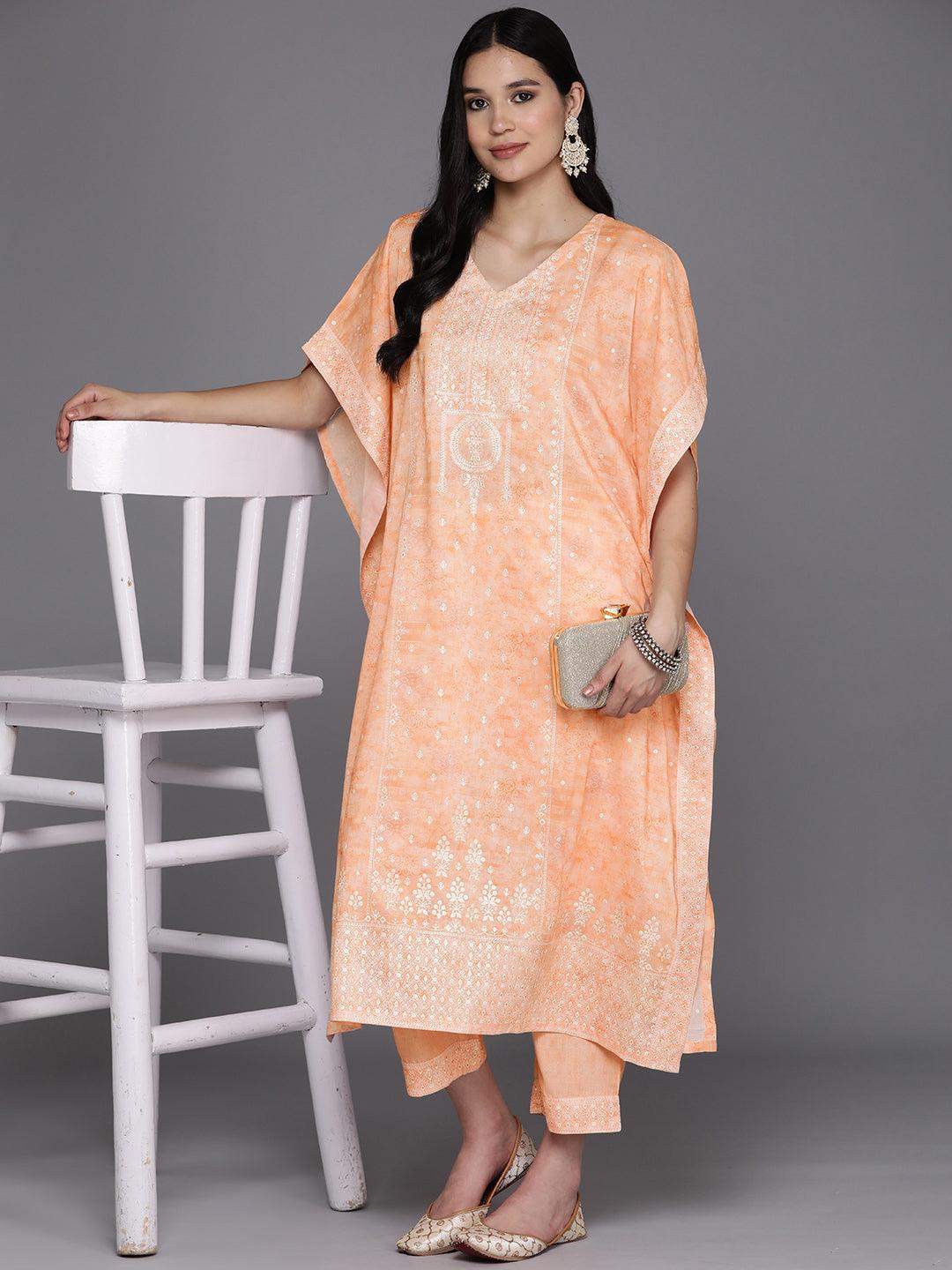 Orange Printed Silk Blend Kaftan Kaftan With Trousers