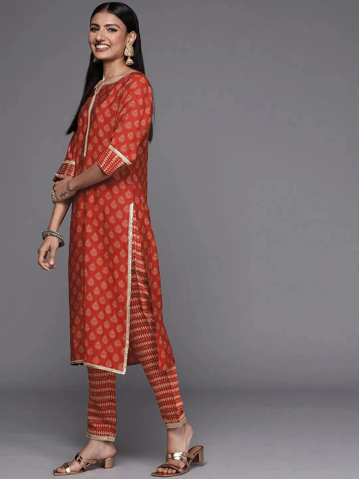 Orange Printed Silk Blend Straight Suit Set - Libas