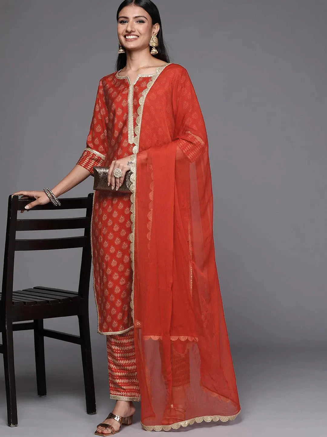 Orange Printed Silk Blend Straight Suit Set - Libas 