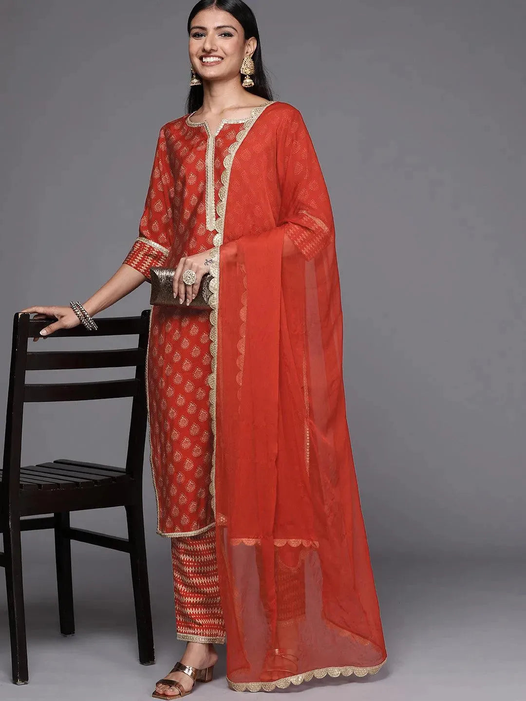 Orange Printed Silk Blend Straight Suit Set - Libas