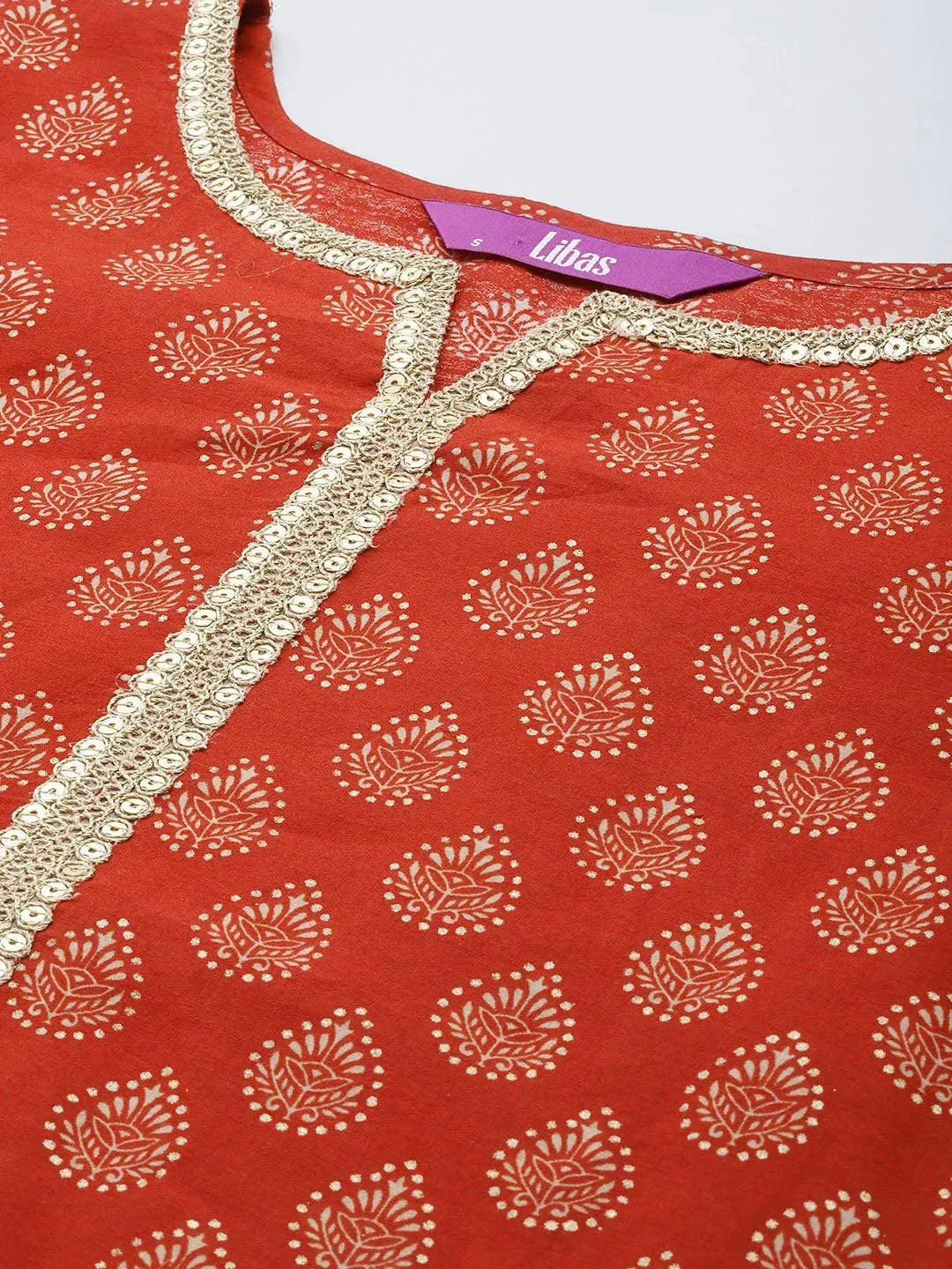 Orange Printed Silk Blend Straight Suit Set - Libas 