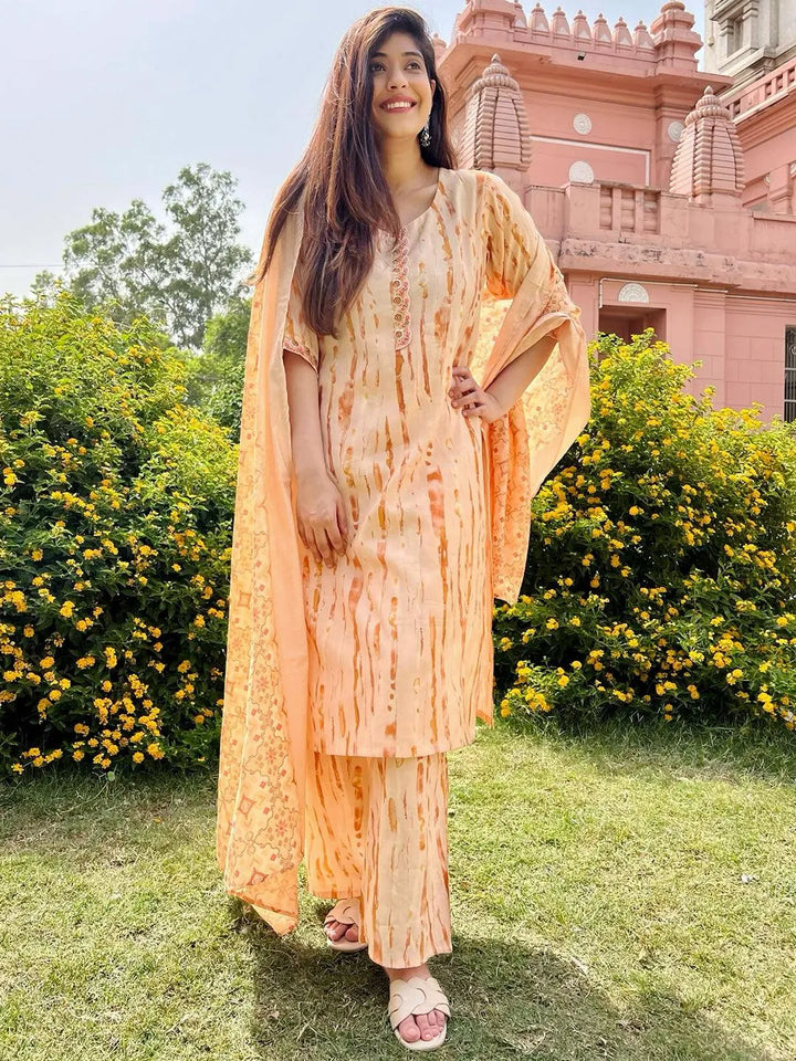 Orange Printed Silk Blend Straight Kurta With Trousers & Dupatta - Libas