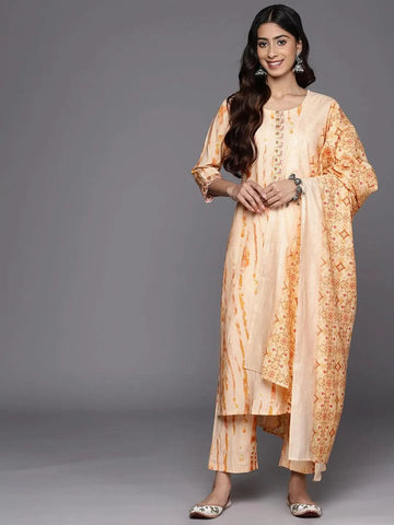 Orange Printed Straight Kurta Trouser Set