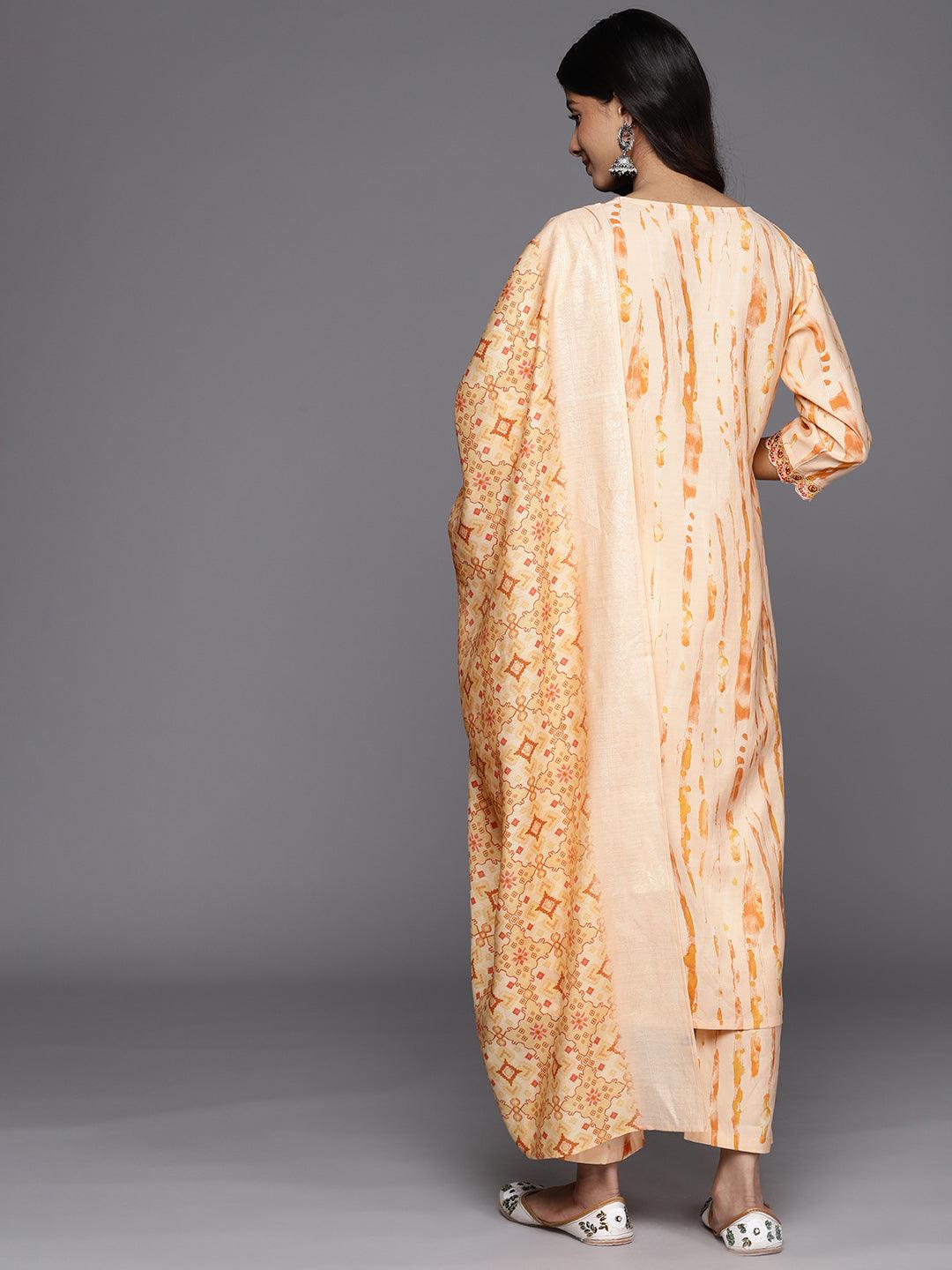 Orange Printed Silk Blend Straight Suit Set With Trousers - Libas