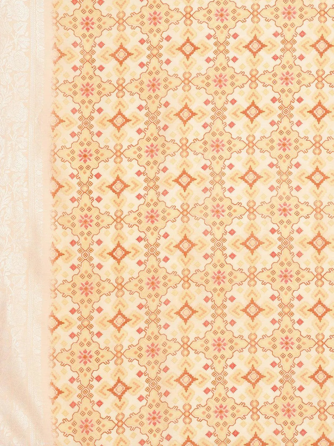Orange Printed Silk Blend Straight Suit Set With Trousers - Libas 