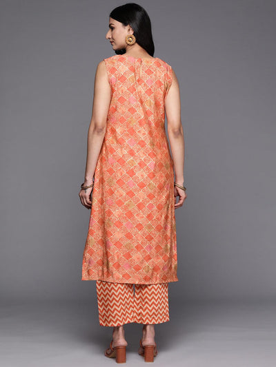 Orange Printed Silk Blend Straight Kurta Set With Trousers - Libas
