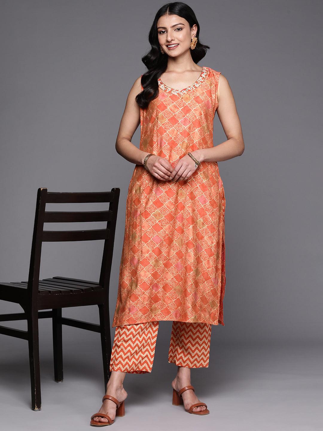Orange Printed Silk Blend Straight Kurta Set With Trousers - Libas