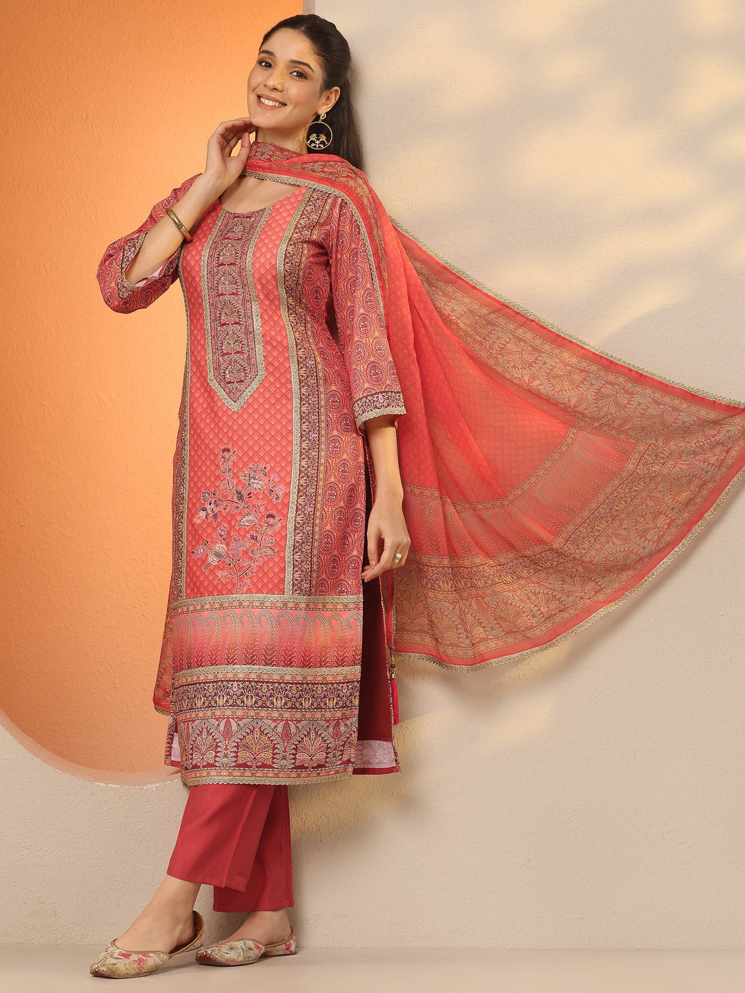  Orange Printed Silk Blend Straight Suit Set With Dupatta 