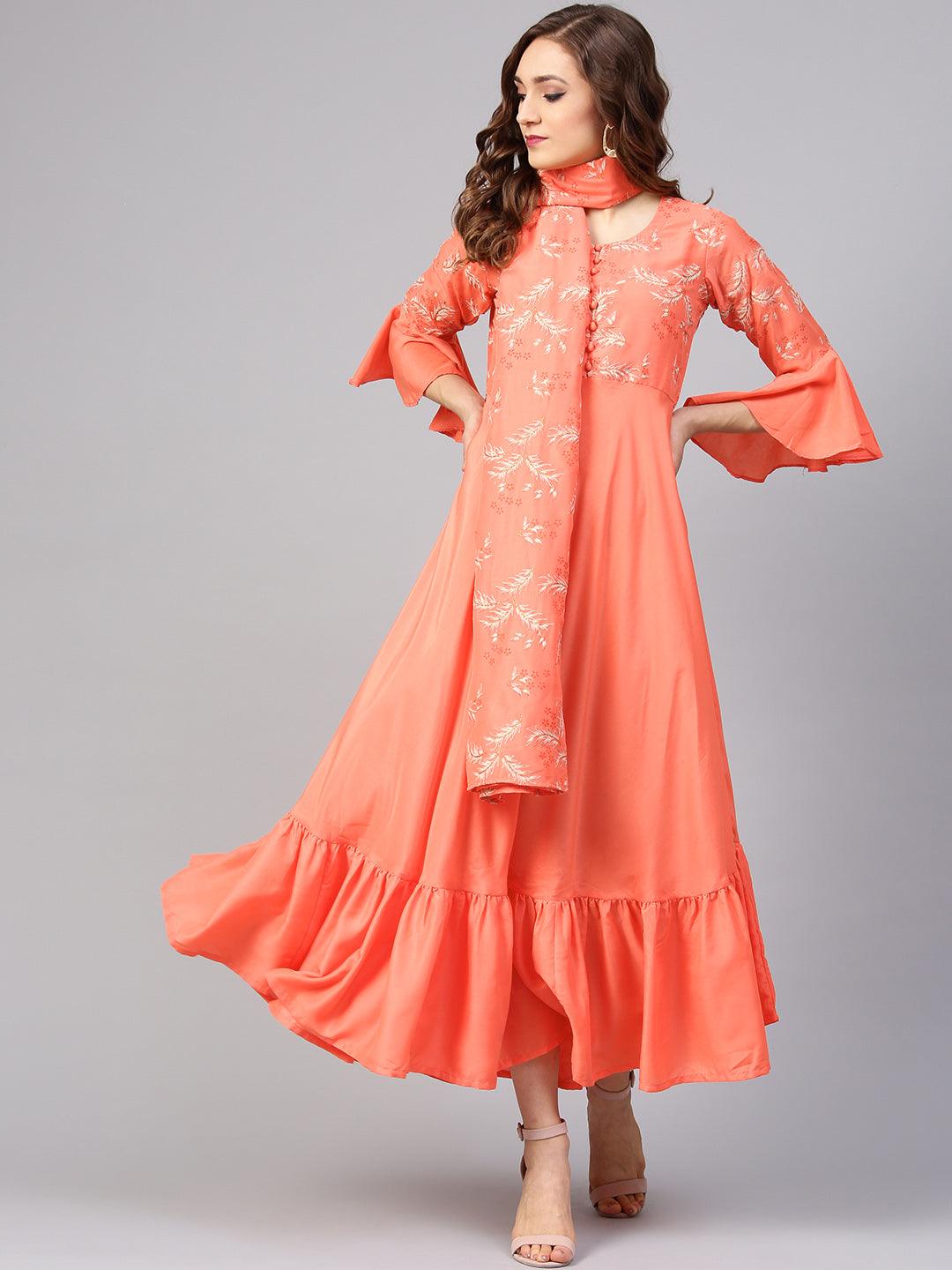 Orange Printed Silk Dress with Stole