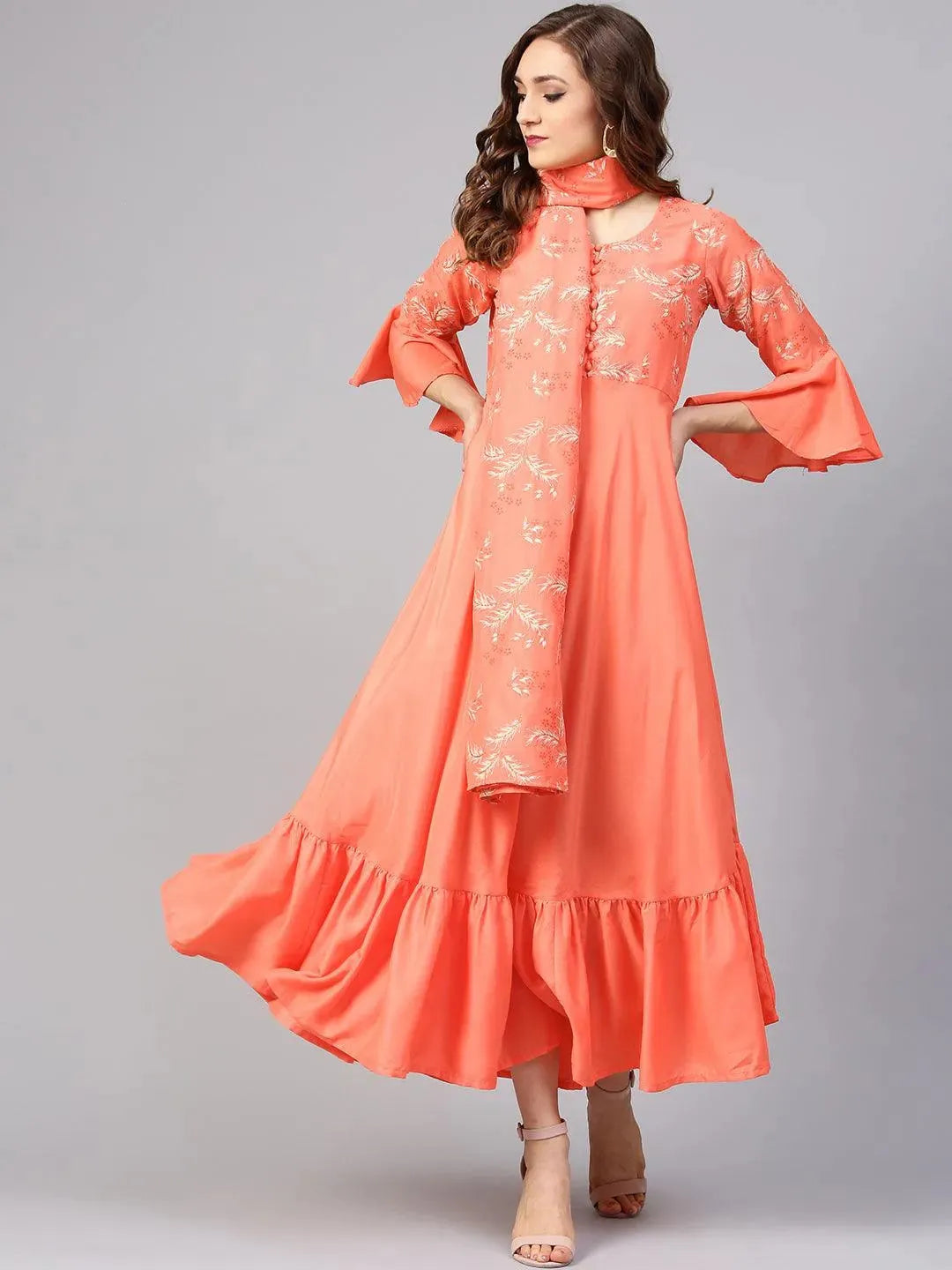 Orange Printed Silk Dress with Stole - Libas 