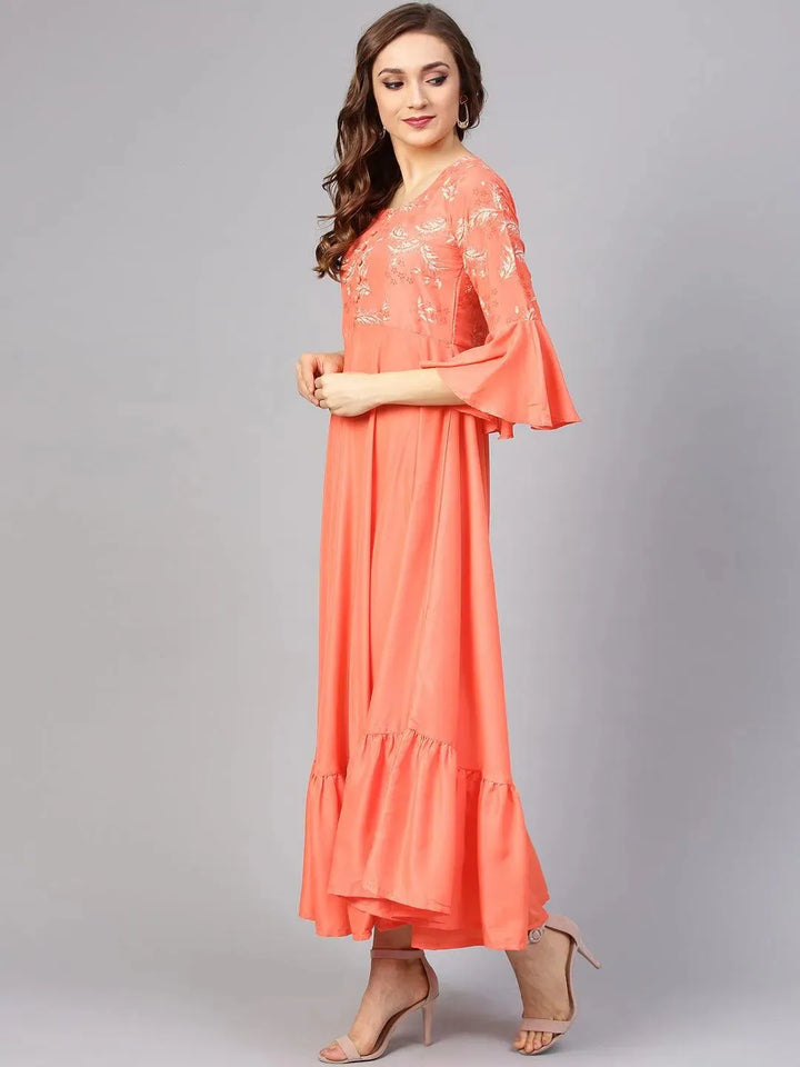 Orange Printed Silk Dress with Stole - Libas