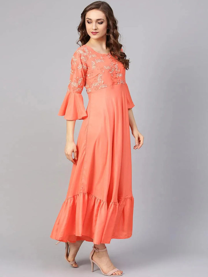 Orange Printed Silk Dress with Stole - Libas