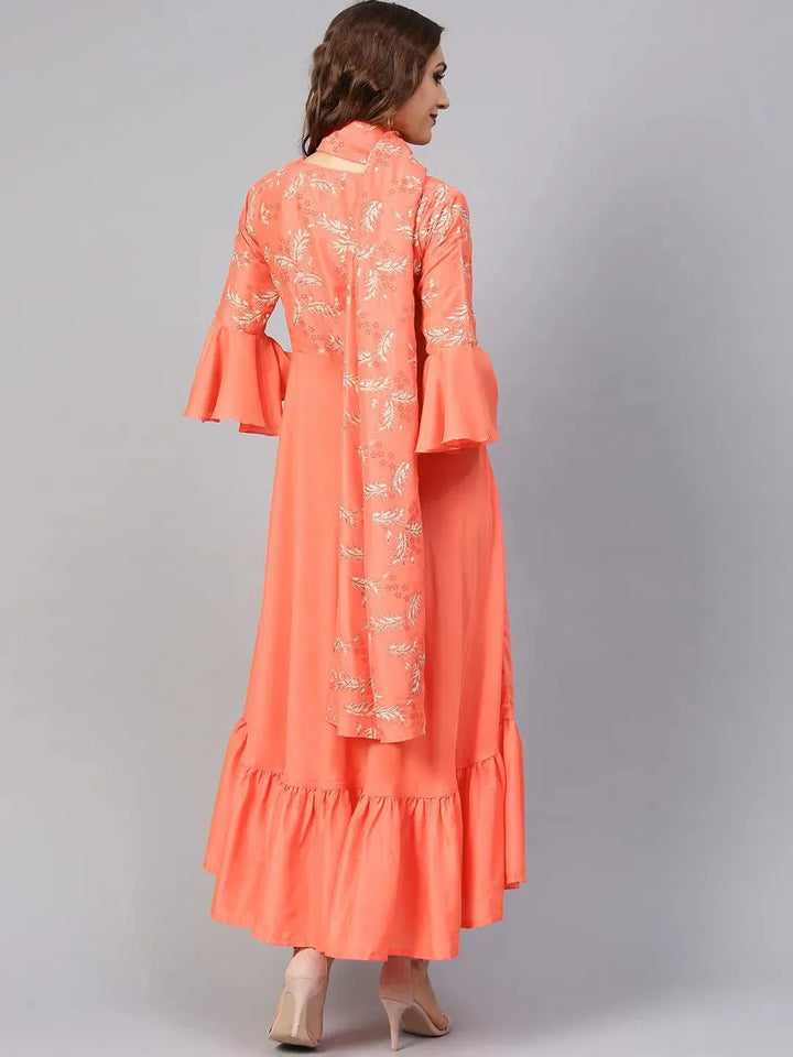 Orange Printed Silk Dress with Stole - Libas