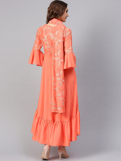 Orange Printed Silk Dress with Stole - Libas