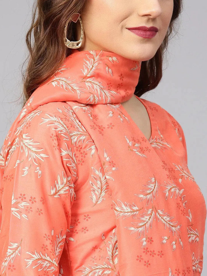 Orange Printed Silk Dress with Stole - Libas