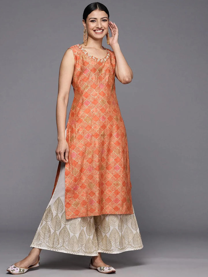 Orange Printed Silk Straight Kurta - Libas