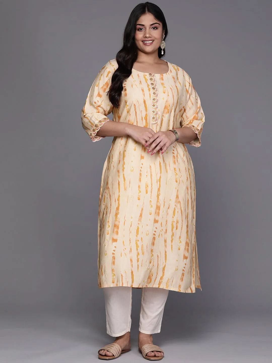 Orange Printed Silk Straight Kurta - Libas 