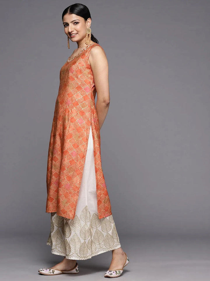 Orange Printed Silk Straight Kurta - Libas