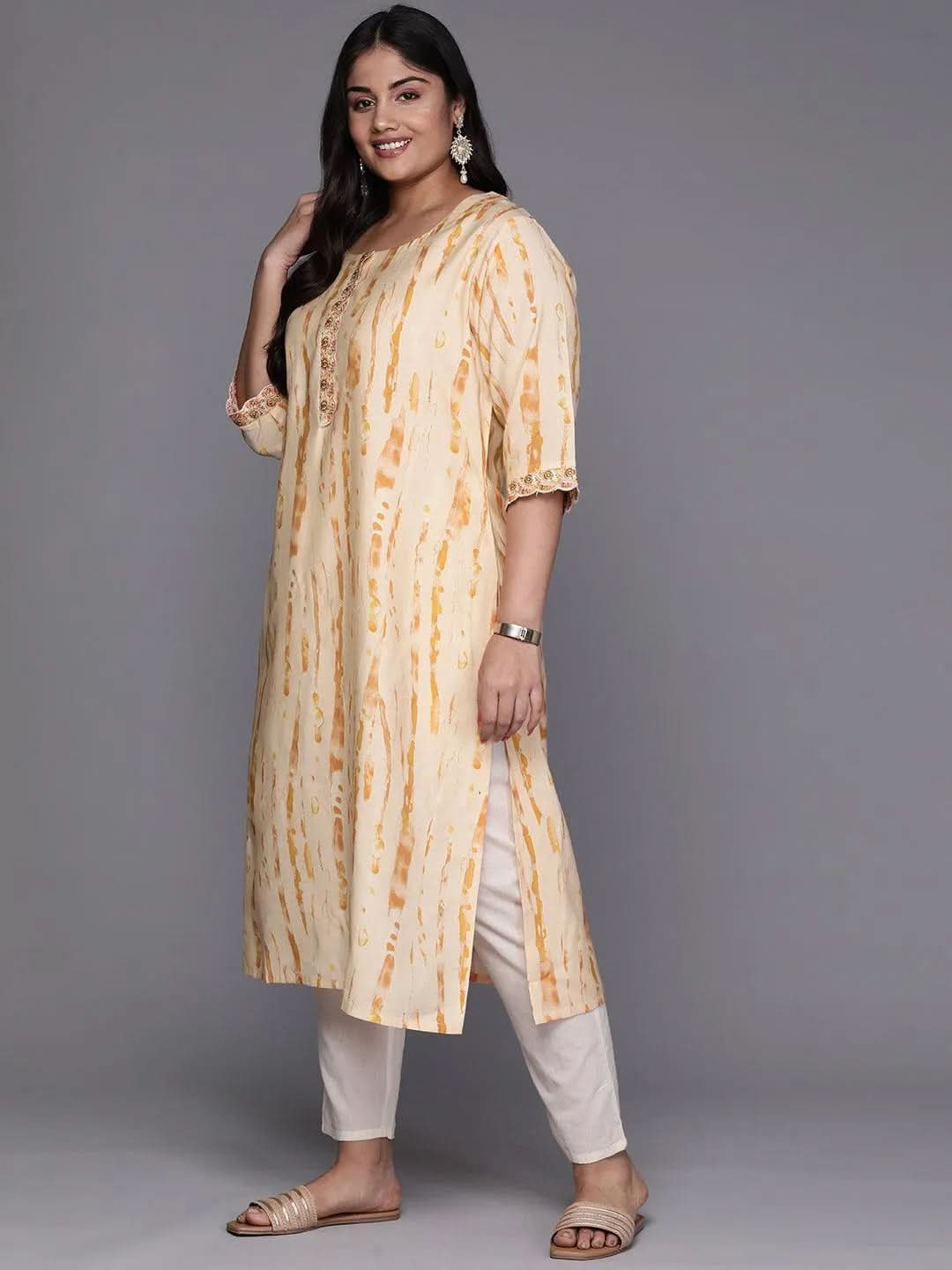 Orange Printed Silk Straight Kurta - Libas 