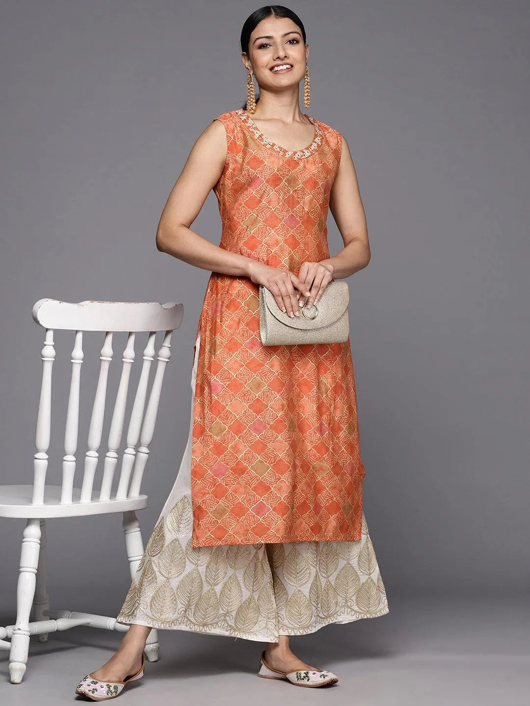 Orange Printed Silk Straight Kurta - Libas 