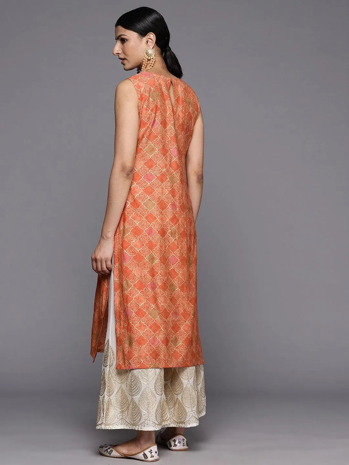 Orange Printed Silk Straight Kurta - Libas