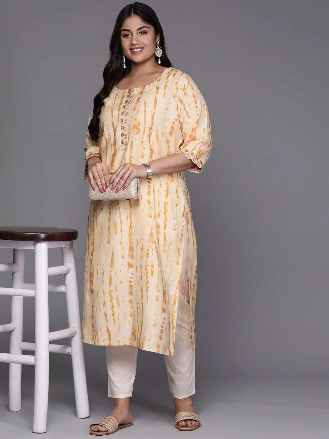 Orange Printed Silk Straight Kurta - Libas 