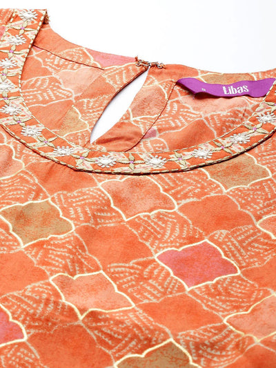 Orange Printed Silk Straight Kurta - Libas
