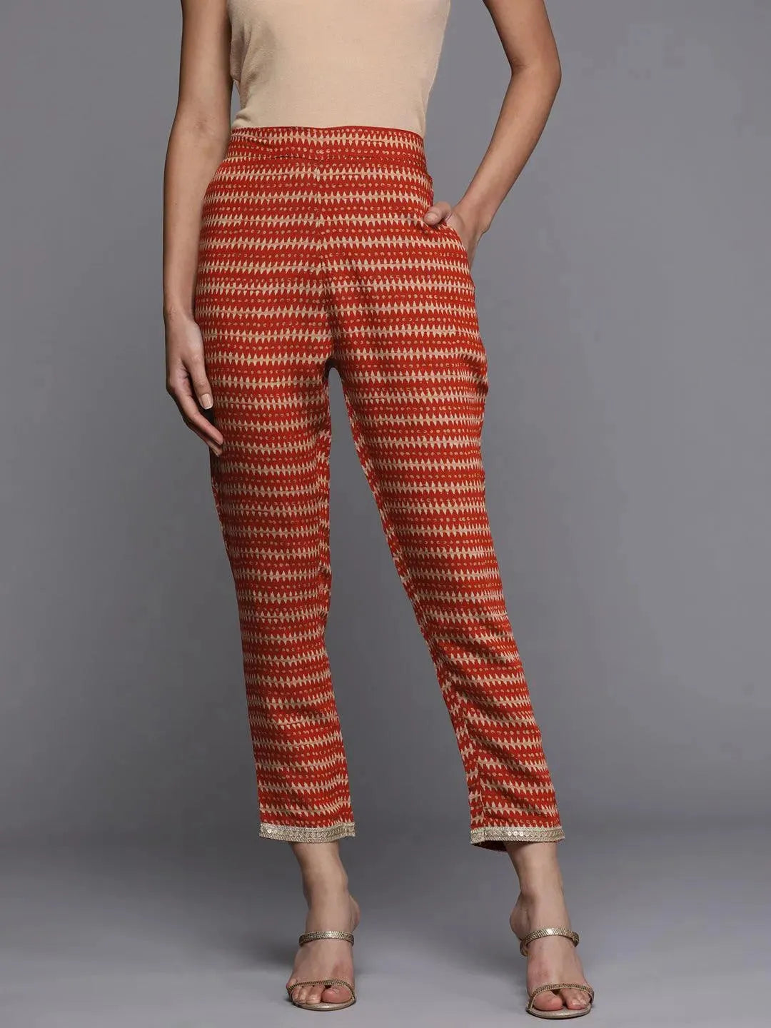 Orange Printed Silk Trousers - Libas 