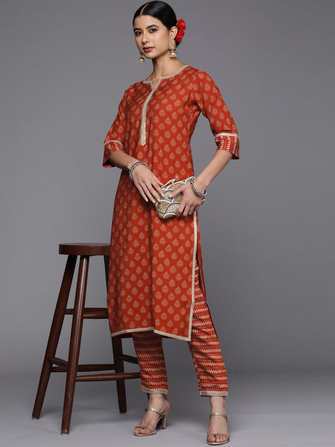 Orange Printed Silk Trousers - Libas