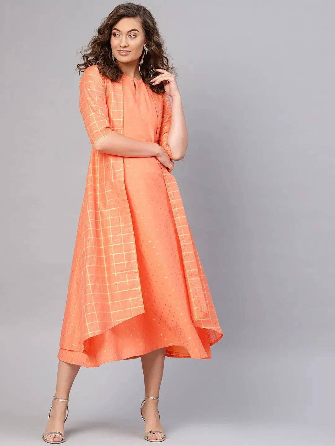 Orange Self Design Chanderi Dress With Jacket - Libas