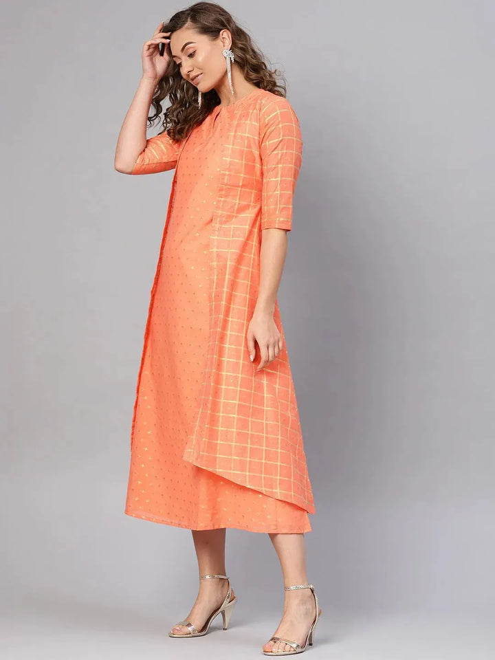 Orange Self Design Chanderi Dress With Jacket - Libas