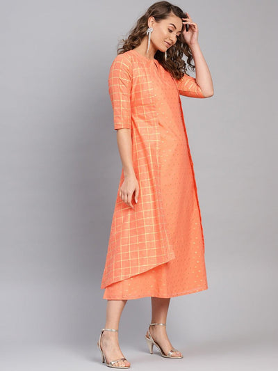 Orange Self Design Chanderi Dress With Jacket - Libas
