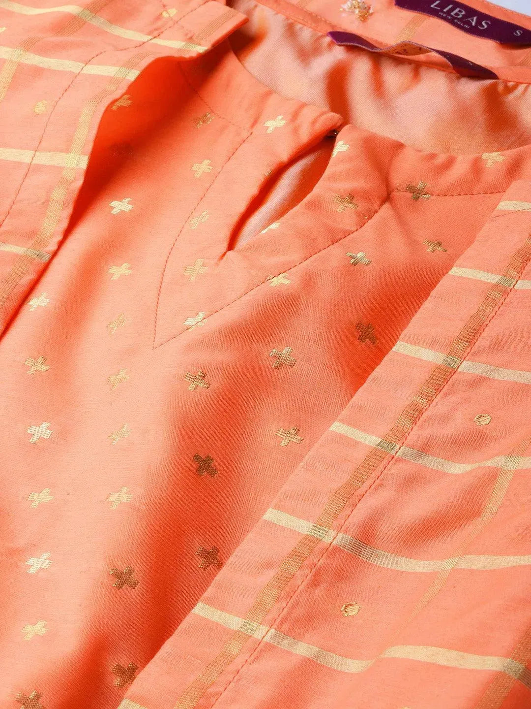 Orange Self Design Chanderi Dress With Jacket - Libas 